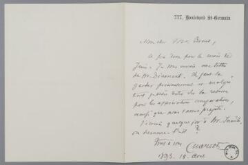 1 vue  - Z 1/23.3 Charcot, Jean. Lettre à Alfred Binet concernant une future étude, à laquelle il joint une lettre de Diamandi. - Paris (ouvre la visionneuse)